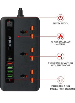 Pama BKL-04 Universal Extension Cord with 3 Power Socket, 5 USB includes 1 pd power socket with 3000W, 3 Pin with 2.0 Meter cable, 24 Hours Timer, 3.4A Auto Max Multicolor.  - Image 1