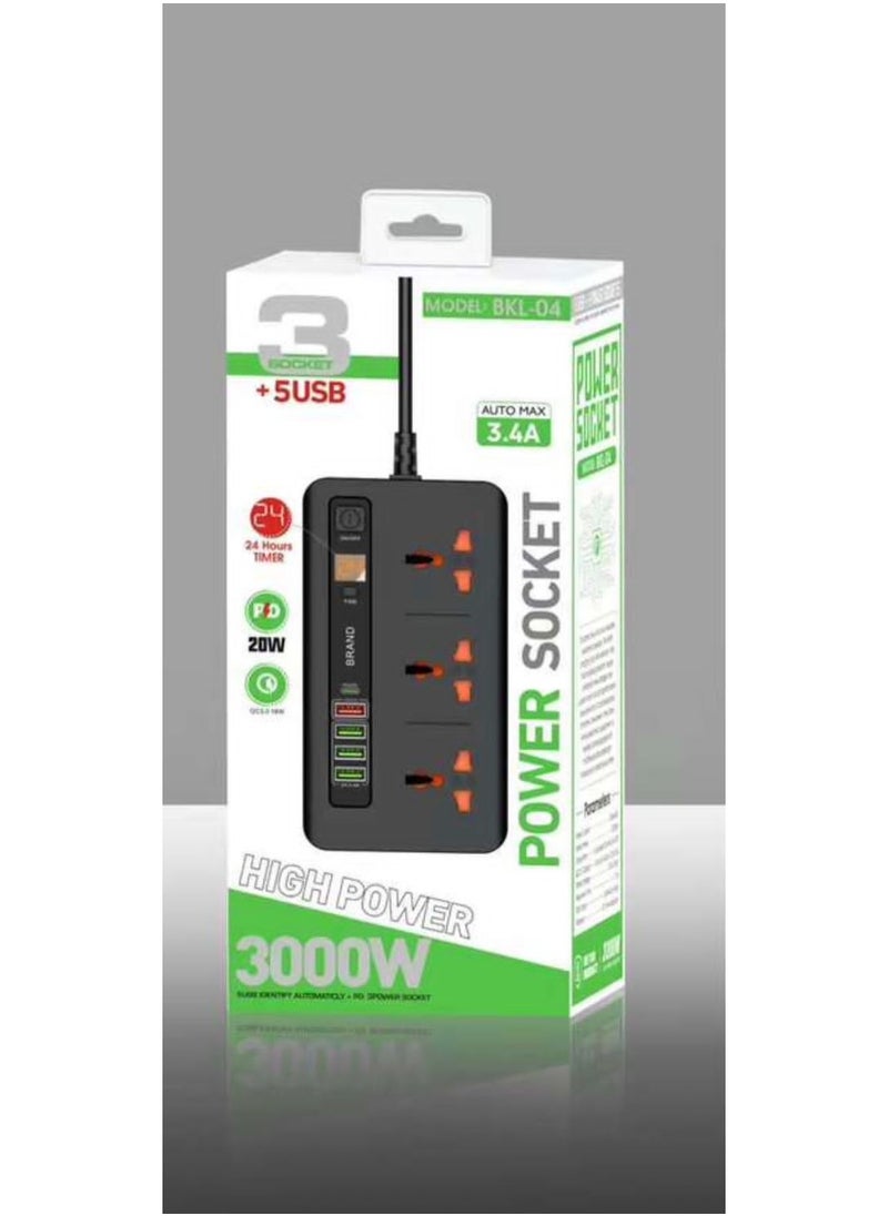 Pama BKL-04 Universal Extension Cord with 3 Power Socket, 5 USB includes 1 pd power socket with 3000W, 3 Pin with 2.0 Meter cable, 24 Hours Timer, 3.4A Auto Max Multicolor.  - Image 3