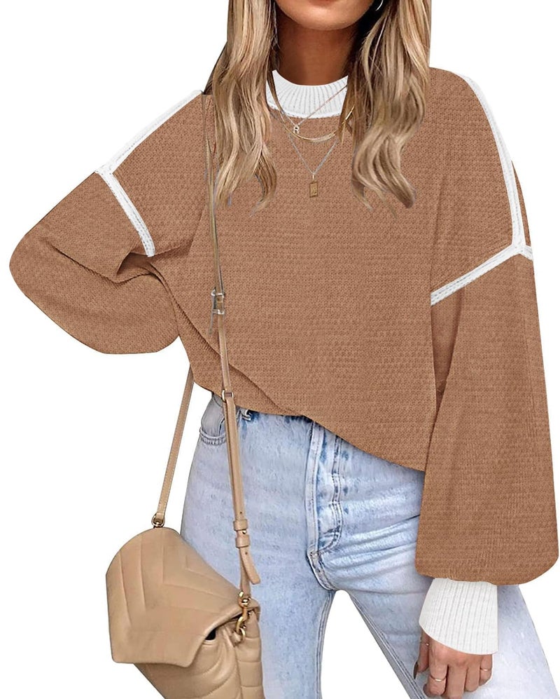 Disamer Fall Clothes for Women 2026 Trendy Fashion Oversized Sweaters Color Block Long Sleeve Knited Pullover Tops Winter Outfits,Brown,Small - Image 1