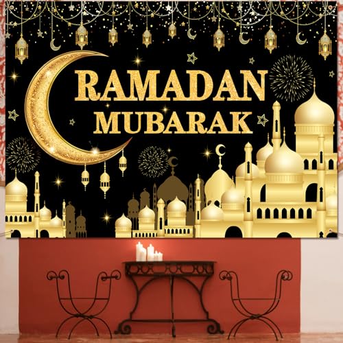 Kreyfer 7 x 5 FT Ramadan Mubarak Backdrop - Extra Large Black and Gold Glittering Crescent Moon and Mosque Design Wall Hanging, Festive Islamic Photo Background Booth Prop for Indoor Outdoor Decorations - Image 4