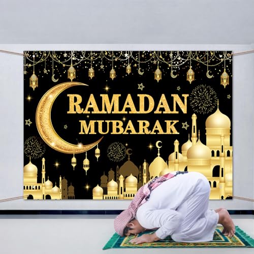 Kreyfer 7 x 5 FT Ramadan Mubarak Backdrop - Extra Large Black and Gold Glittering Crescent Moon and Mosque Design Wall Hanging, Festive Islamic Photo Background Booth Prop for Indoor Outdoor Decorations - Image 5