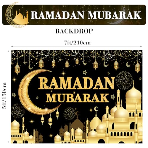 Kreyfer 7 x 5 FT Ramadan Mubarak Backdrop - Extra Large Black and Gold Glittering Crescent Moon and Mosque Design Wall Hanging, Festive Islamic Photo Background Booth Prop for Indoor Outdoor Decorations - Image 2