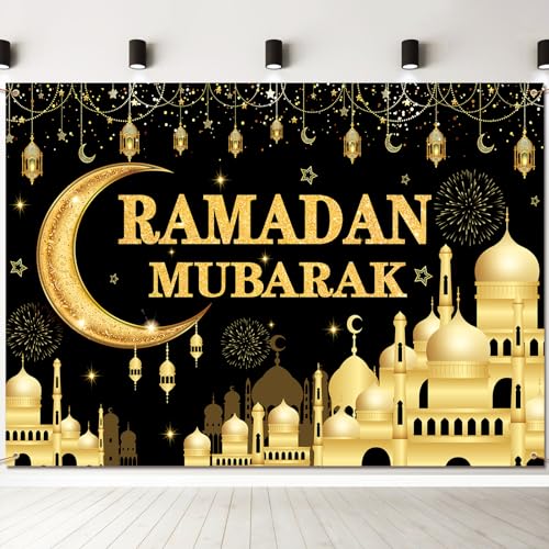 Kreyfer 7 x 5 FT Ramadan Mubarak Backdrop - Extra Large Black and Gold Glittering Crescent Moon and Mosque Design Wall Hanging, Festive Islamic Photo Background Booth Prop for Indoor Outdoor Decorations - Image 1