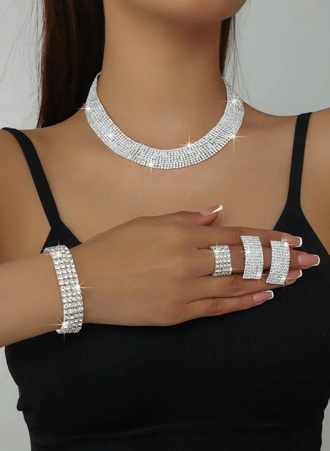 Take Two Pack of 4 - Rhinestone Necklace with Bracelet and Earrings with Ring Set