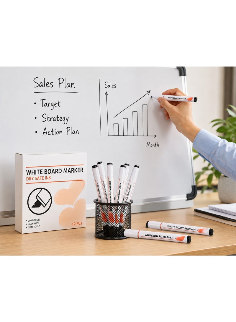 Whiteboard Marker Black (12 Pcs), Dry Safe Ink Dry Erase Markers with Low Odor and Non-Toxic Formula, Smooth Writing, Easy Wipe, Perfect for Whiteboards, Glass, School, and Office. - Image 3