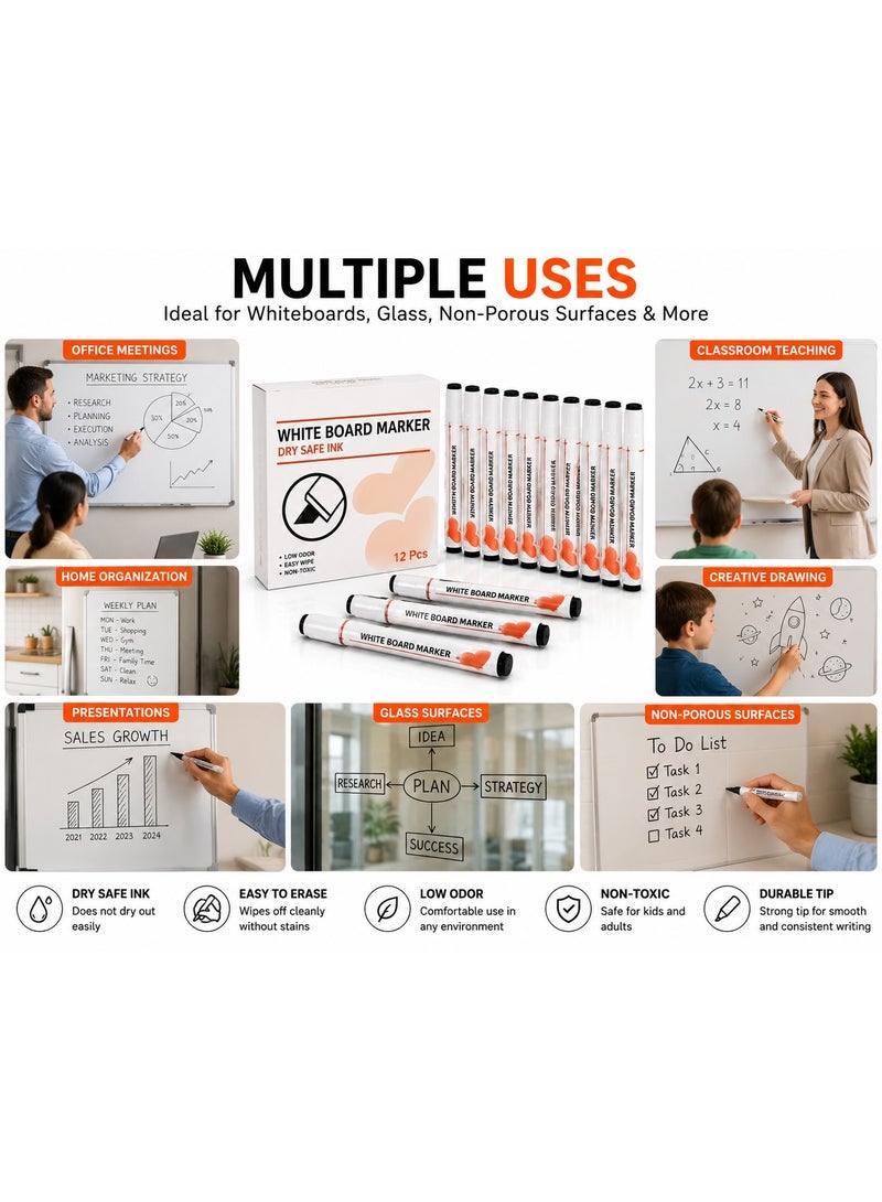 Whiteboard Marker Black (12 Pcs), Dry Safe Ink Dry Erase Markers with Low Odor and Non-Toxic Formula, Smooth Writing, Easy Wipe, Perfect for Whiteboards, Glass, School, and Office. - Image 2