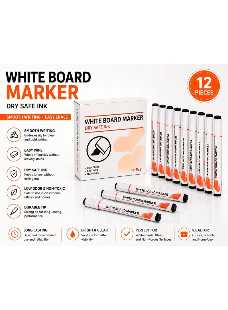 Whiteboard Marker Black (12 Pcs), Dry Safe Ink Dry Erase Markers with Low Odor and Non-Toxic Formula, Smooth Writing, Easy Wipe, Perfect for Whiteboards, Glass, School, and Office. - Image 1