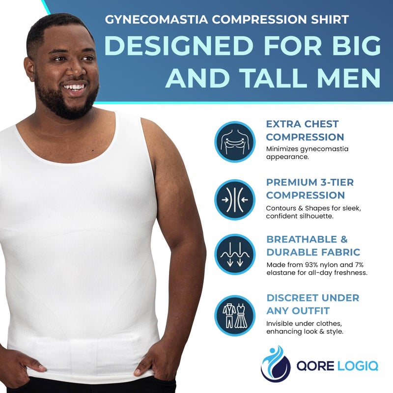 QORE LOGIQ Gynecomastia Compression Shirts for Men - Sleeveless Slimming Undershirts Tummy Control and Body Shaper Tank Top White 2XLT (Tall Fit) - Image 3