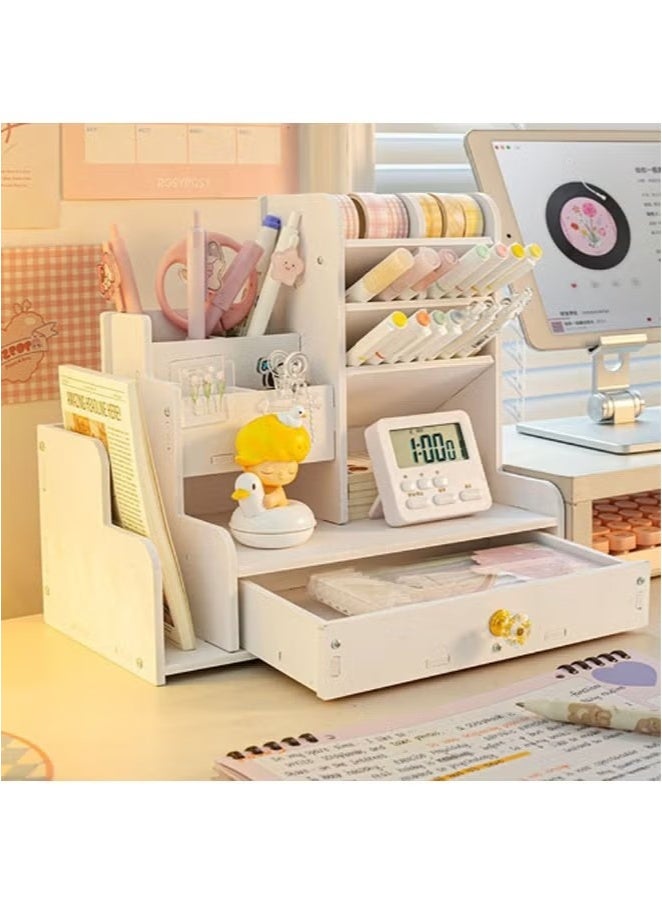 Desktop Organizer with Slanted Pen Holder, Shelf and Drawer for Office Supplies, Home, White - Image 1