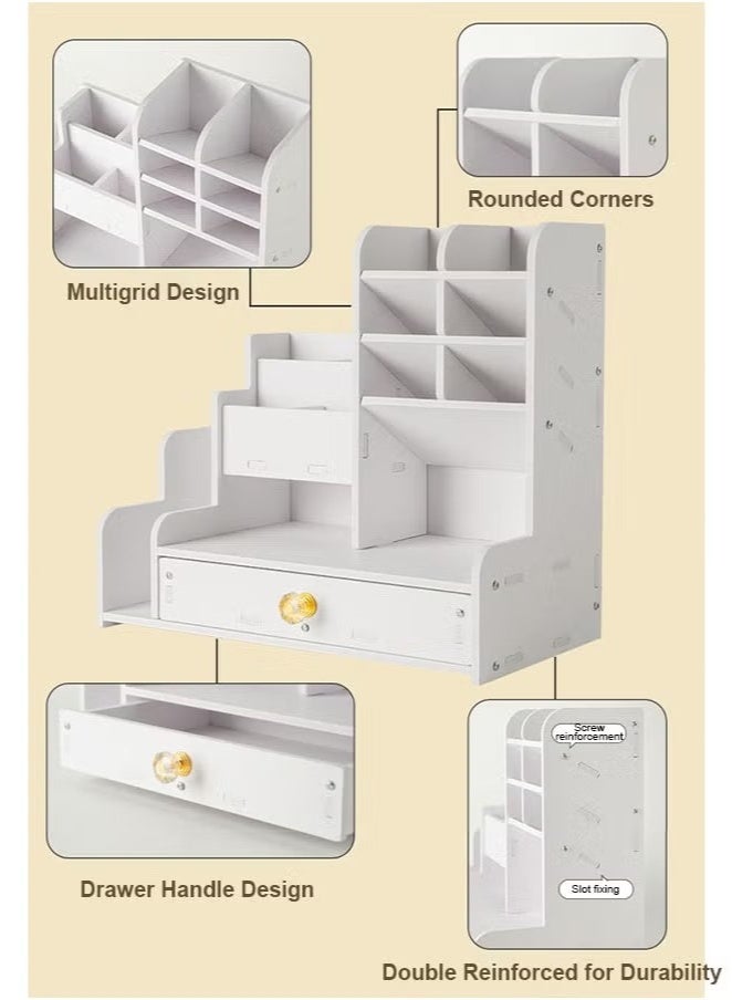 Desktop Organizer with Slanted Pen Holder, Shelf and Drawer for Office Supplies, Home, White - Image 4