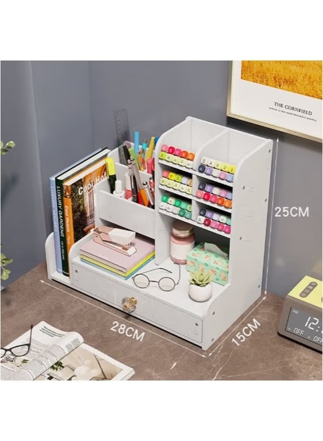 Desktop Organizer with Slanted Pen Holder, Shelf and Drawer for Office Supplies, Home, White - Image 3