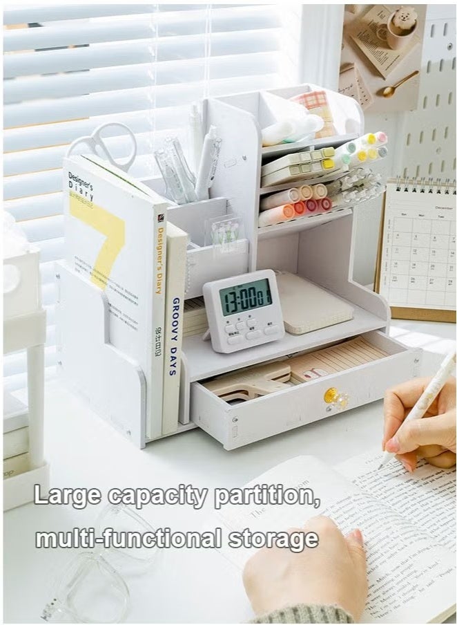 Desktop Organizer with Slanted Pen Holder, Shelf and Drawer for Office Supplies, Home, White - Image 5