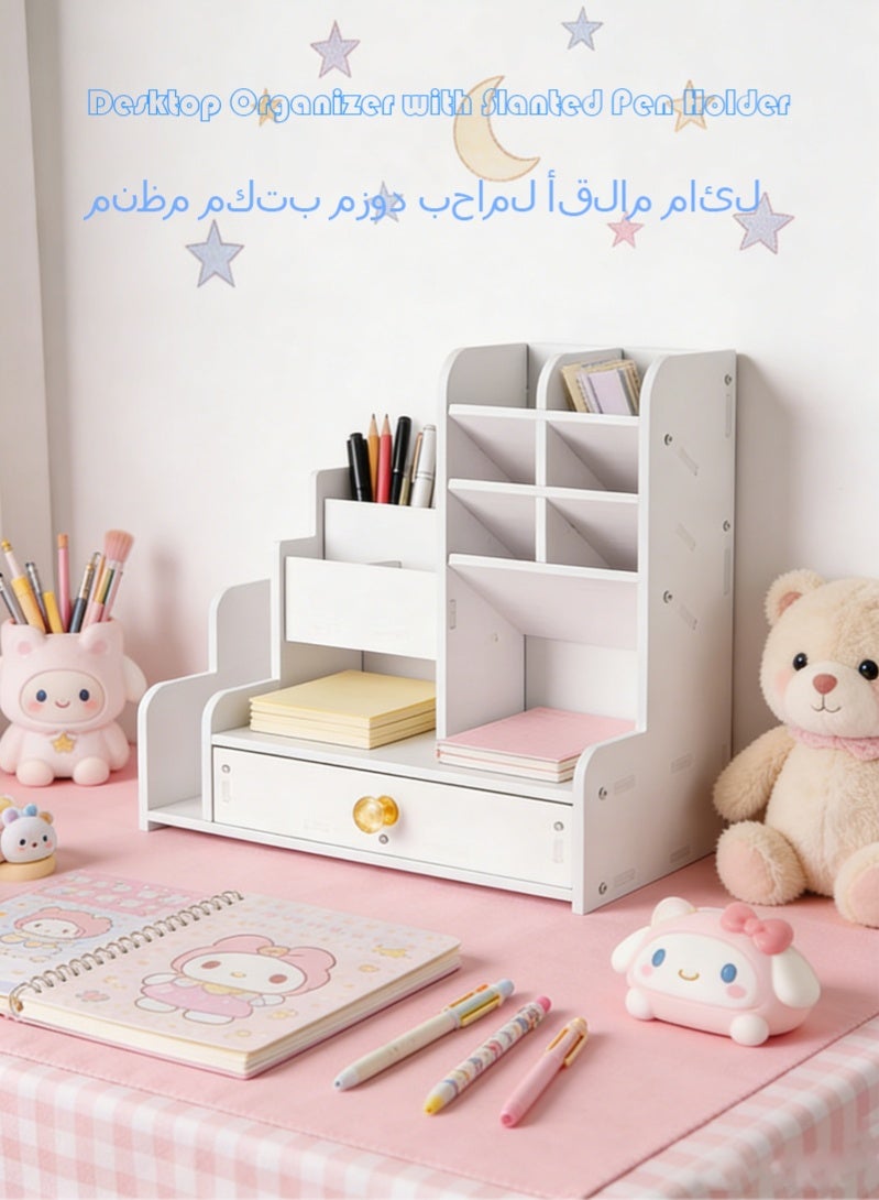 منظم سطح مكتب مع حامل أقلام مائل، خزانة كتب ودرج لمستلزمات المكتب، منزلي، أبيض - Image 1