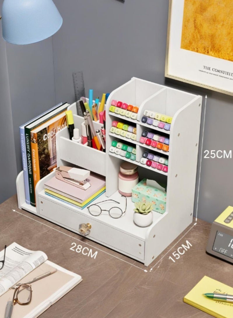 منظم سطح مكتب مع حامل أقلام مائل، خزانة كتب ودرج لمستلزمات المكتب، منزلي، أبيض - Image 2