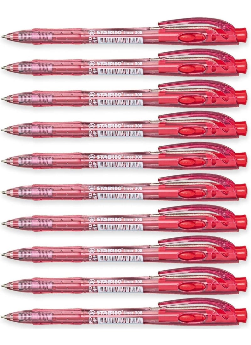 STABILO STABILO liner  Retractable Ballpoint Pen  Fine  Pack of 10  Red  - Image 1