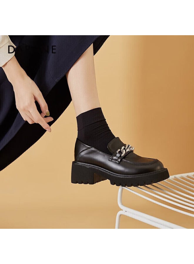 Daphne Loafers For Women Spring British Style Flats, Comfortable Thick-soled Leather Shoes, Slip-on Women's Footwear, Black, Size 36 - Image 2