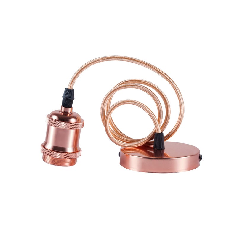 Zikra Ceiling Pendant & Lamp Holder, Metal Pendant Light Fitting, E27 Lamp Holder, Fitting Set with Braided Fabric Cable (Rose Gold) - Image 1