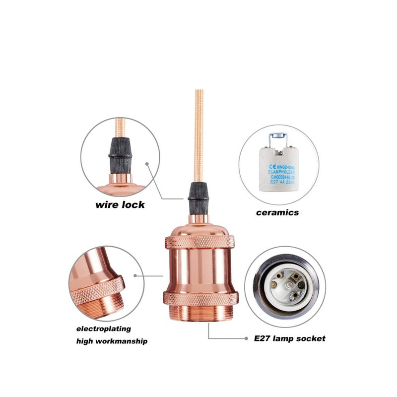 Zikra Ceiling Pendant & Lamp Holder, Metal Pendant Light Fitting, E27 Lamp Holder, Fitting Set with Braided Fabric Cable (Rose Gold) - Image 3