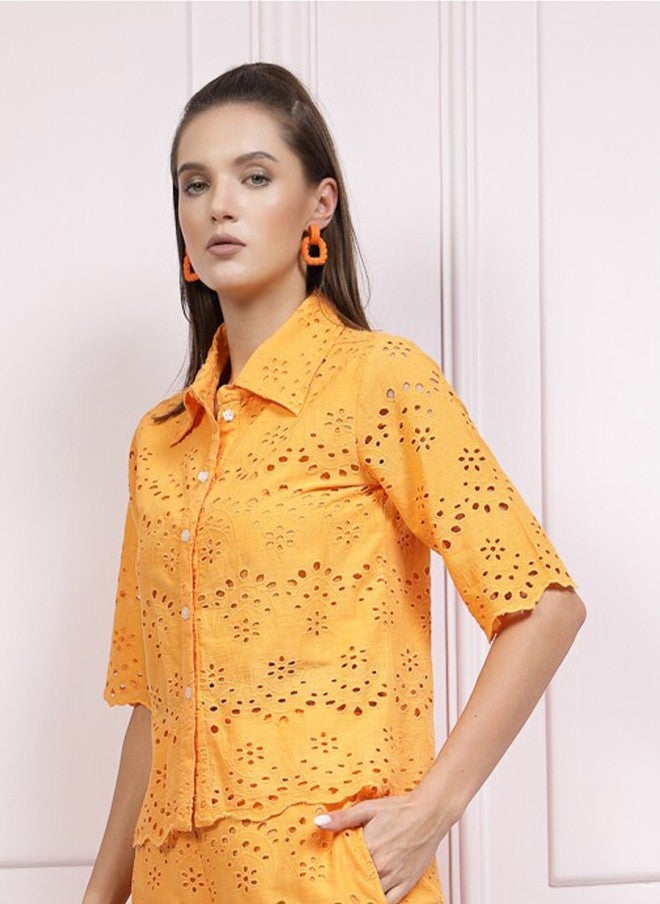 Athena Mustard Yellow Schiffli Cotton Shirt for Women - Image 3