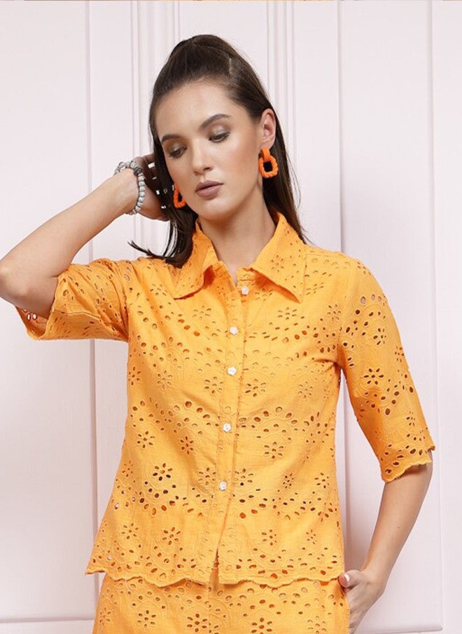 Athena Mustard Yellow Schiffli Cotton Shirt for Women - Image 1