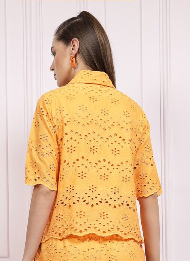 Athena Mustard Yellow Schiffli Cotton Shirt for Women - Image 4