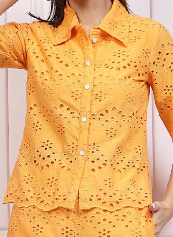 Athena Mustard Yellow Schiffli Cotton Shirt for Women - Image 2