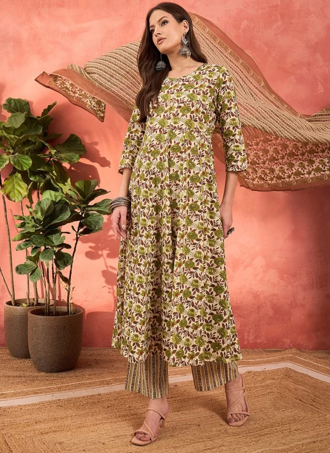 SASSAFRAS Floral Printed A-Line Kurta With Palazzos & Dupatta For Women