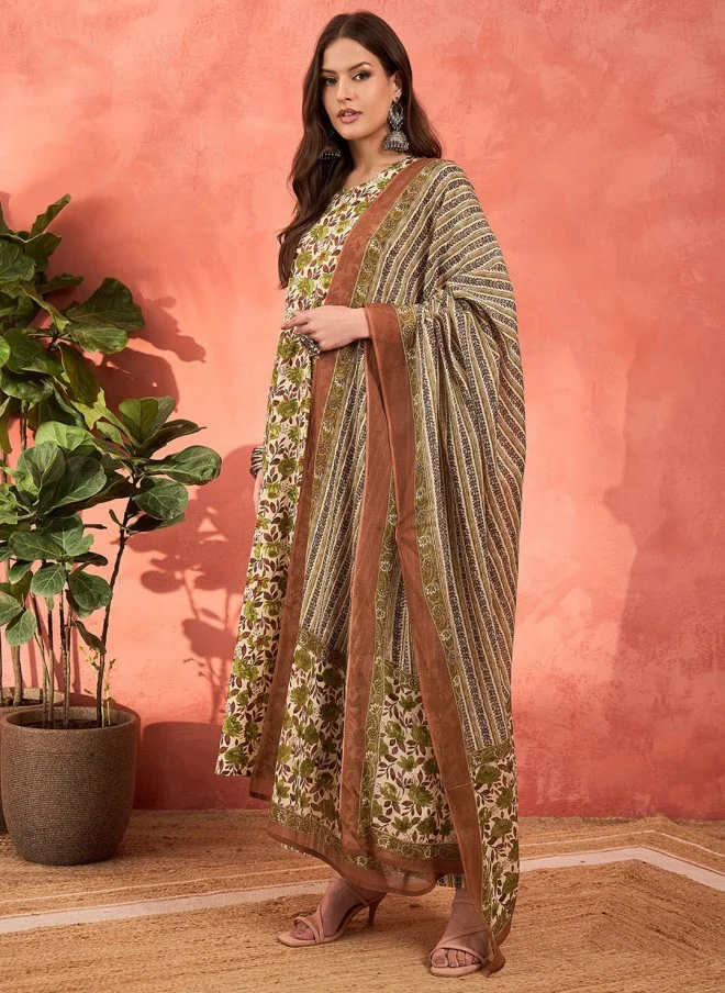 SASSAFRAS Floral Printed A-Line Kurta With Palazzos & Dupatta For Women