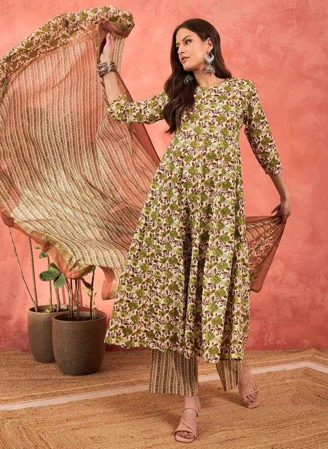 SASSAFRAS Floral Printed A-Line Kurta With Palazzos & Dupatta For Women