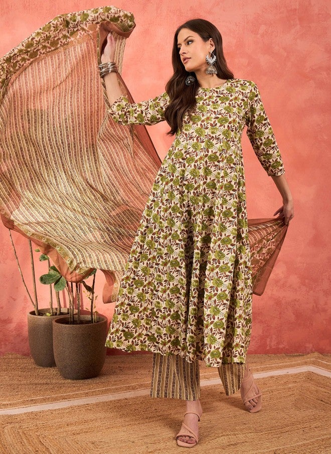 SASSAFRAS Floral Printed A-Line Kurta With Palazzos & Dupatta For Women - Image 1