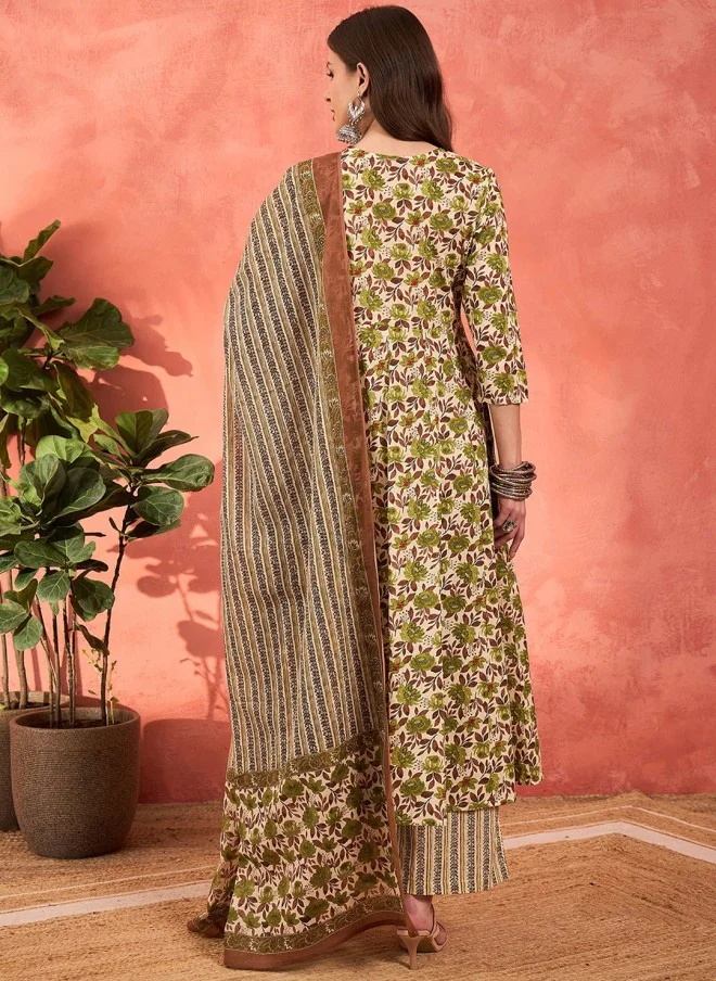 SASSAFRAS Floral Printed A-Line Kurta With Palazzos & Dupatta For Women