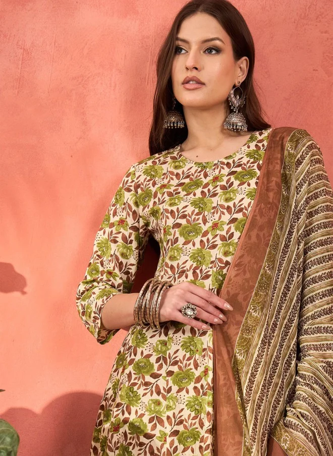 SASSAFRAS Floral Printed A-Line Kurta With Palazzos & Dupatta For Women