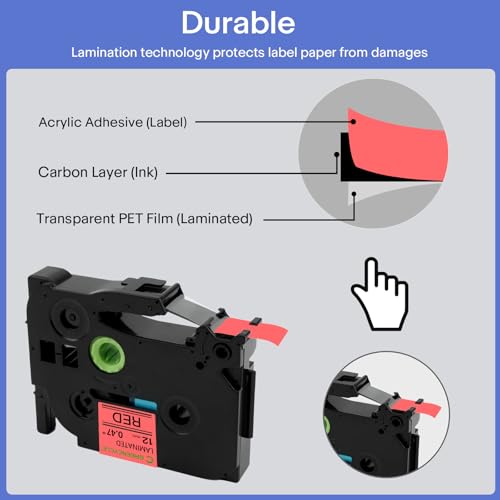 GREENCYCLE 2-Pack Compatible for Ptouch TZe-431 TZ-431 AZE-431 1/2 inch 12mm 0.47'' Laminated Red Label Tapes Black on Red AZe TZ Tape for PT-D210 PT-D600 PT-H100 Label Maker Tape - Image 5