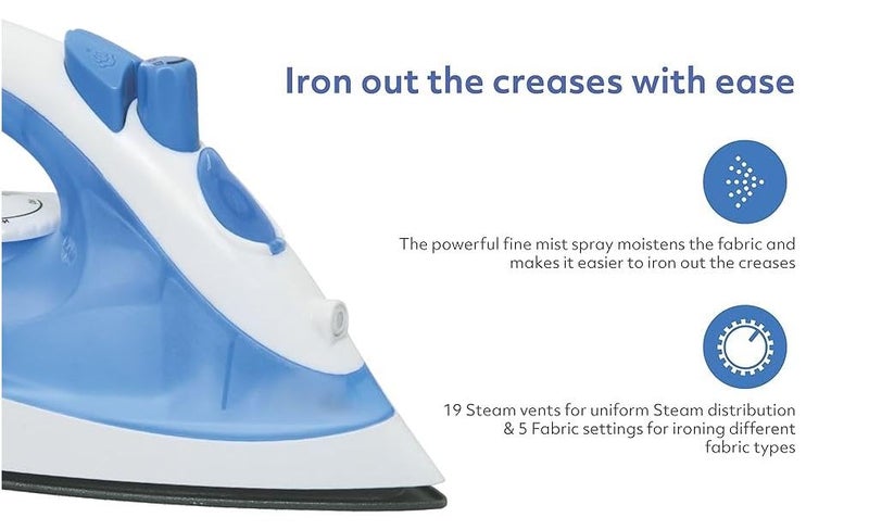 Usha 3713 مكواة بخارية 1300 واط مع وظيفة التنظيف الذاتي | قاعدة مطلية بتفلون | إنتاج بخار قوي يصل إلى 18 جرام/دقيقة | سعة خزان ماء 180 مل | ضمان لمدة سنتين | (أزرق وأبيض) - Image 5