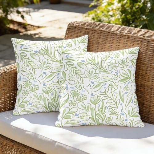 CaliTime Throw Pillow Covers Outdoor Waterproof Pack of 2 Cozy Elegant Blossoming Flowers Leaves Decorative Cushion Cases for Garden Patio Tent Balcony Couch Sofa 18 X 18 Inches Sage Green Grey Blue - Image 1