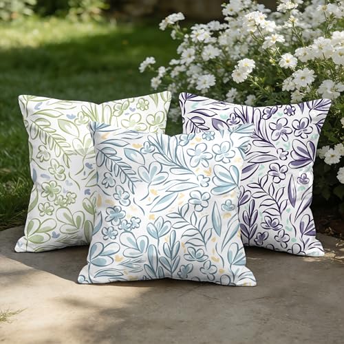 CaliTime Throw Pillow Covers Outdoor Waterproof Pack of 2 Cozy Elegant Blossoming Flowers Leaves Decorative Cushion Cases for Garden Patio Tent Balcony Couch Sofa 18 X 18 Inches Sage Green Grey Blue - Image 3