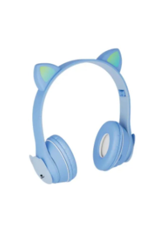 Cat Ear Kids Headphones, Bluetooth 5.0 Wireless Kids Gaming Headset with Microphone, LED Light, HIFI Stereo Sound, Comfortable On-Ear Design, Long Battery Life MZ-004-Blue