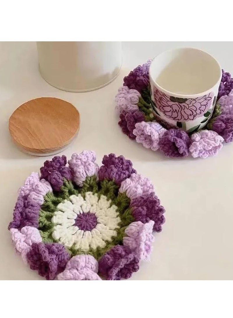 SOLARAE 4 Pcs Flower Crochet Coaster Handmade,3D Crochet Flower Cup/Pot Coaster,Knitted Floral Creative Coasters,Coffee Mug Coaster,Cute Macrame Coasters,Home Kitchen Office Party Table Desk Decoration Gift - Image 2