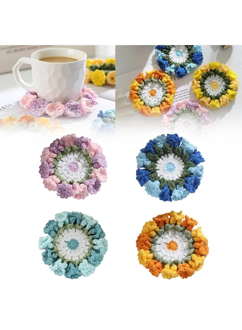 SOLARAE 4 Pcs Flower Crochet Coaster Handmade,3D Crochet Flower Cup/Pot Coaster,Knitted Floral Creative Coasters,Coffee Mug Coaster,Cute Macrame Coasters,Home Kitchen Office Party Table Desk Decoration Gift - Image 1
