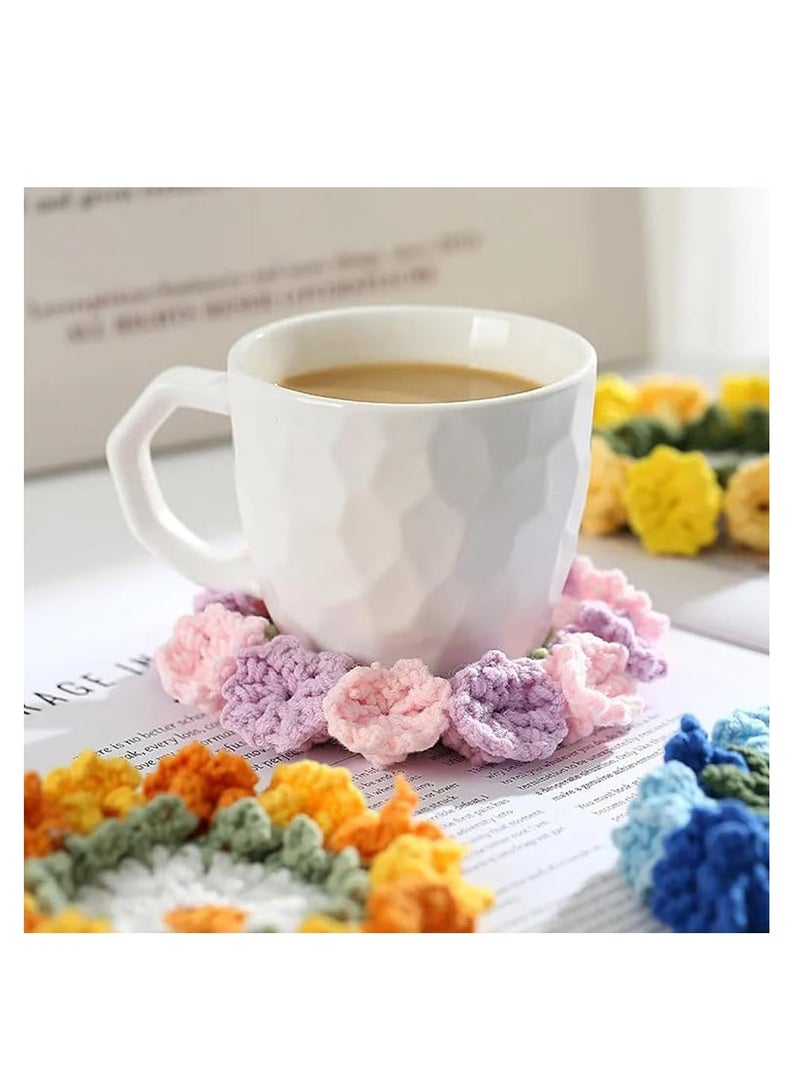 SOLARAE 4 Pcs Flower Crochet Coaster Handmade,3D Crochet Flower Cup/Pot Coaster,Knitted Floral Creative Coasters,Coffee Mug Coaster,Cute Macrame Coasters,Home Kitchen Office Party Table Desk Decoration Gift - Image 3