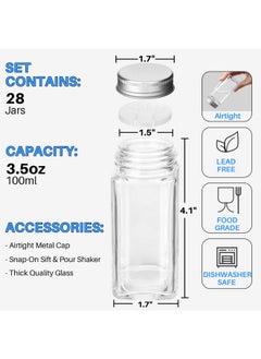 Antimbee 28 Pcs Clear Glass Spice Jars,3.5 Oz Glass Spice Jar With 324 Labels, Funnel,Chalk Pen,Shaker Lids And Airtight Metal Caps, Empty Square Spice Bottles For Spice Rack, Cabinet, Drawer  - Image 2