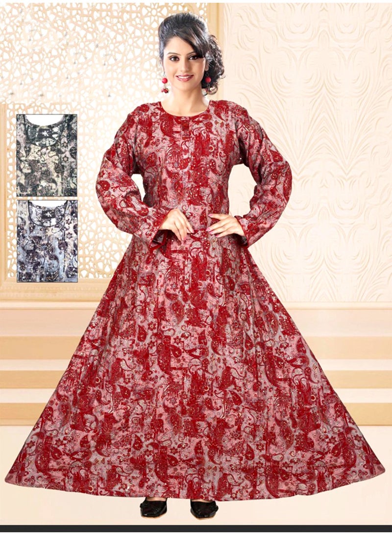 زينة فستان جلابية نسائي طويل وفخم من الفيسكوز - بأكمام كاملة وياقة دائرية - طبعة بيزلي بلمعة - للمناسبات والسهرات - Image 1