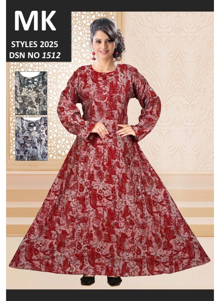 زينة فستان جلابية نسائي طويل وفخم من الفيسكوز - بأكمام كاملة وياقة دائرية - طبعة بيزلي بلمعة - للمناسبات والسهرات - Image 2