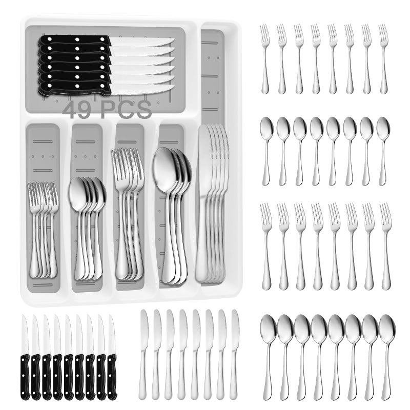 JUNLIN 49-Piece Stainless Steel Silverware Set with Cutlery Organizer, Service for 8 with Steak Knives and Kitchen Utensils (49PCS Silverware with Tray) - Image 1
