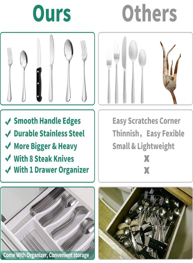 JUNLIN 49-Piece Stainless Steel Silverware Set with Cutlery Organizer, Service for 8 with Steak Knives and Kitchen Utensils (49PCS Silverware with Tray) - Image 3