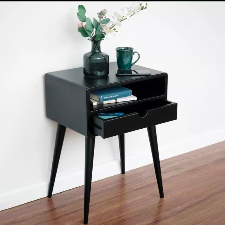 IThree I ThreeModern Nightstand with Storage Drawer, Black Side Table with Open Shelf, Mid-Century Bedside Table - Image 3