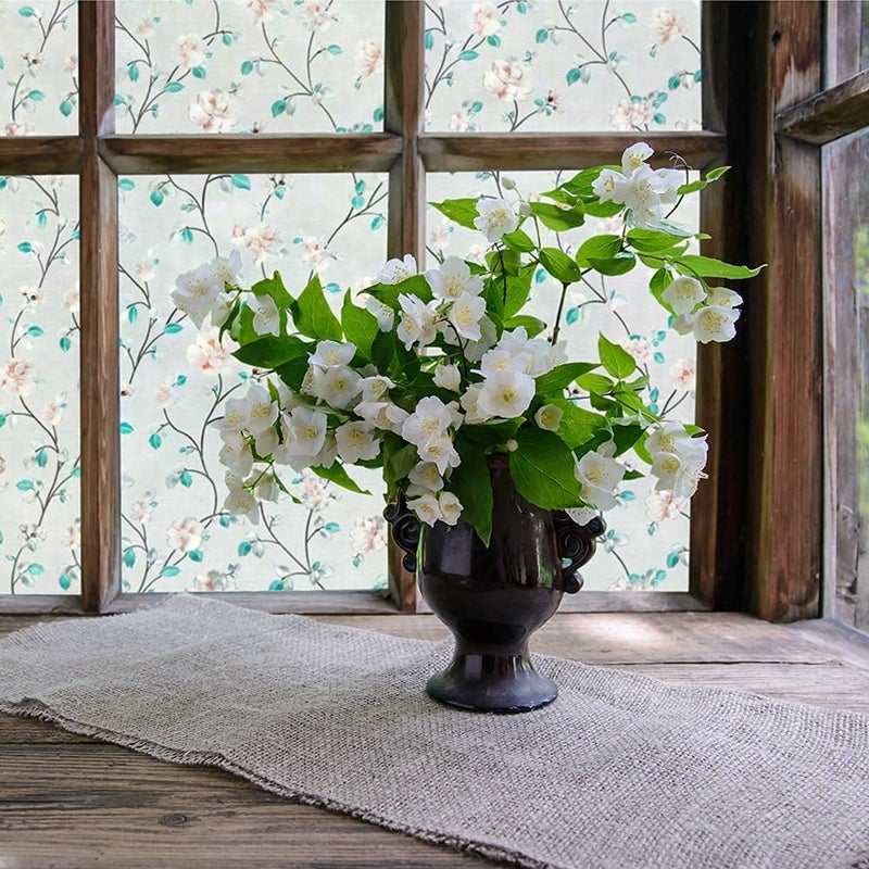 VSUDO Static Cling Decorative Window Privacy Film â€“ Frosted Privacy Window Film with Jasmine Floral & Stained Glass Design, Adhesive-Free Tint for Home, Bathroom & Office (17.5" x 78.7")