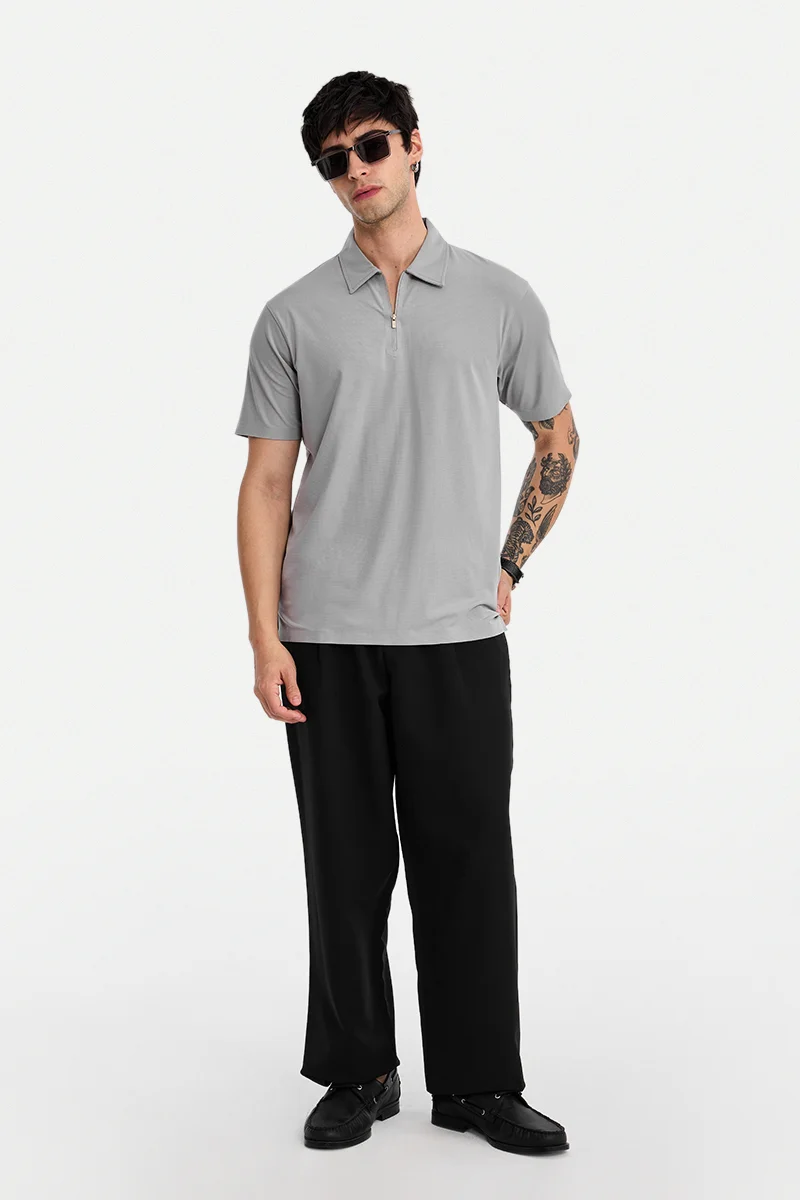 سنيتش Grey Textured Short Sleeve Slim Fit Casual T-Shirt