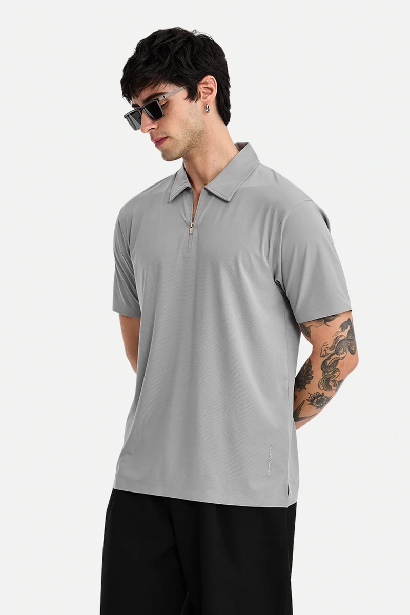 سنيتش Grey Textured Short Sleeve Slim Fit Casual T-Shirt