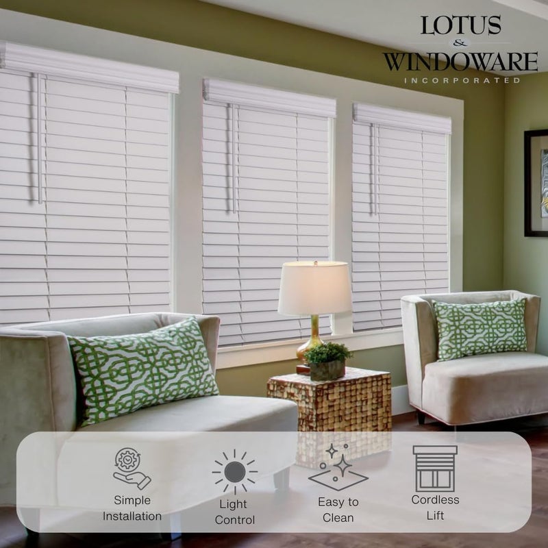 Lotus & Windoware Cordless, 2 Inch Faux Wood Blind, 22" Wide x 36" Long, Window Blinds, Blinds & Shades, Blinds for Indoor Windows, Smooth, Bright White - 22" x 36",Bright White - Image 3